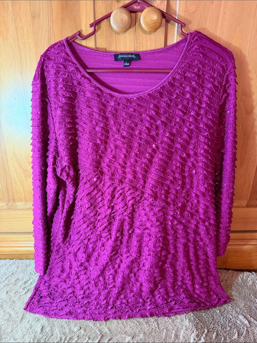 Notations Long-Sleeve Shimmer Ruffle Textured Scoop Neck Top-Raspberry Purplish